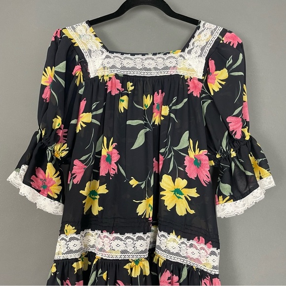 Handmade Muumuu Dress Sheer Black Floral Puffed Sleeve‎ Dropped Waist Lace Midi - Picture 3 of 10